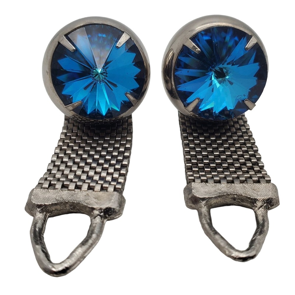 Blue Rivoli Crystal Cufflinks Silver Tone Mesh Wrap Around Suit Accessory‎ Retro